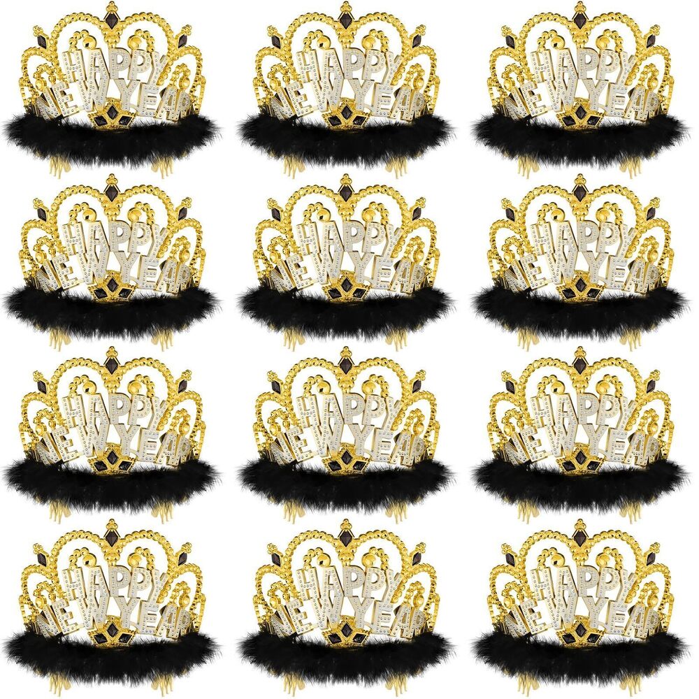 6131 12 Pcs 2026 Happy New Year Headband Tiara with Faux Fur Crown Party